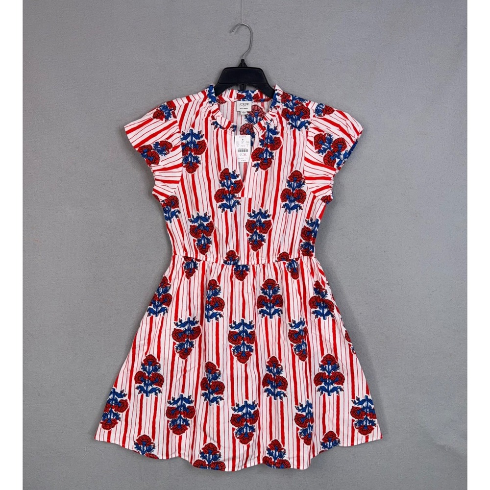 J.Crew Dress Womens 8 Red Floral Striped Willa Ruffle Flutter Sleeve Preppy NWT